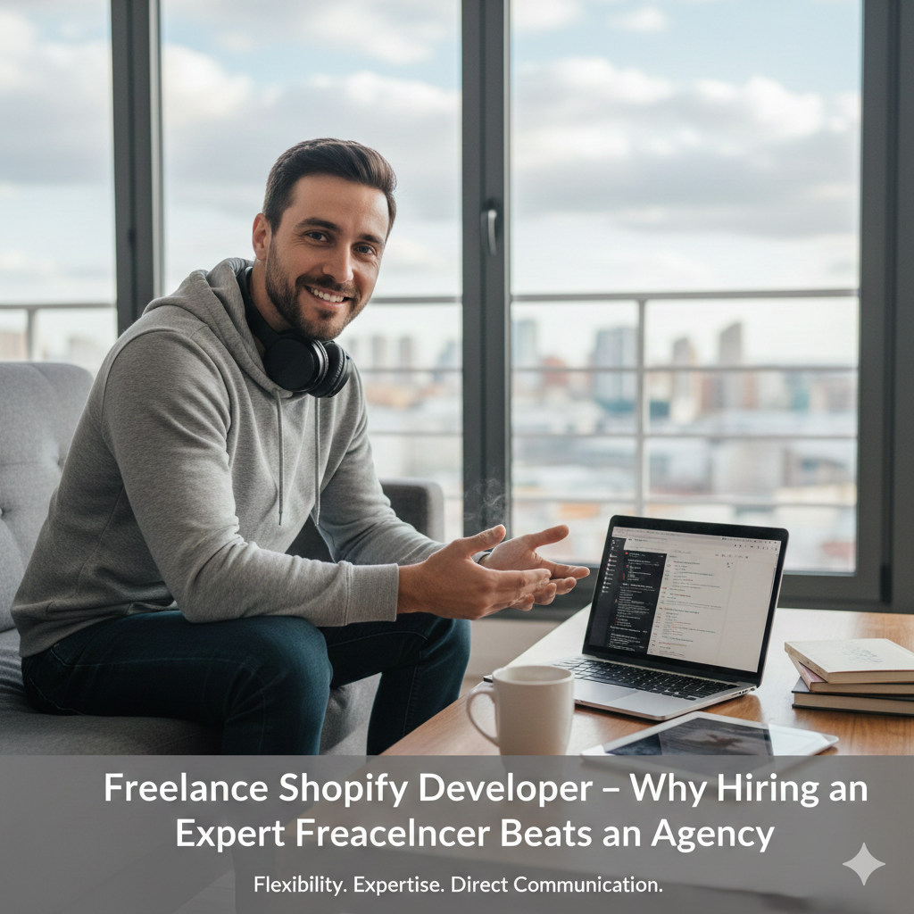 Freelance shopify developer sitting next to laptop with shopify theme on display