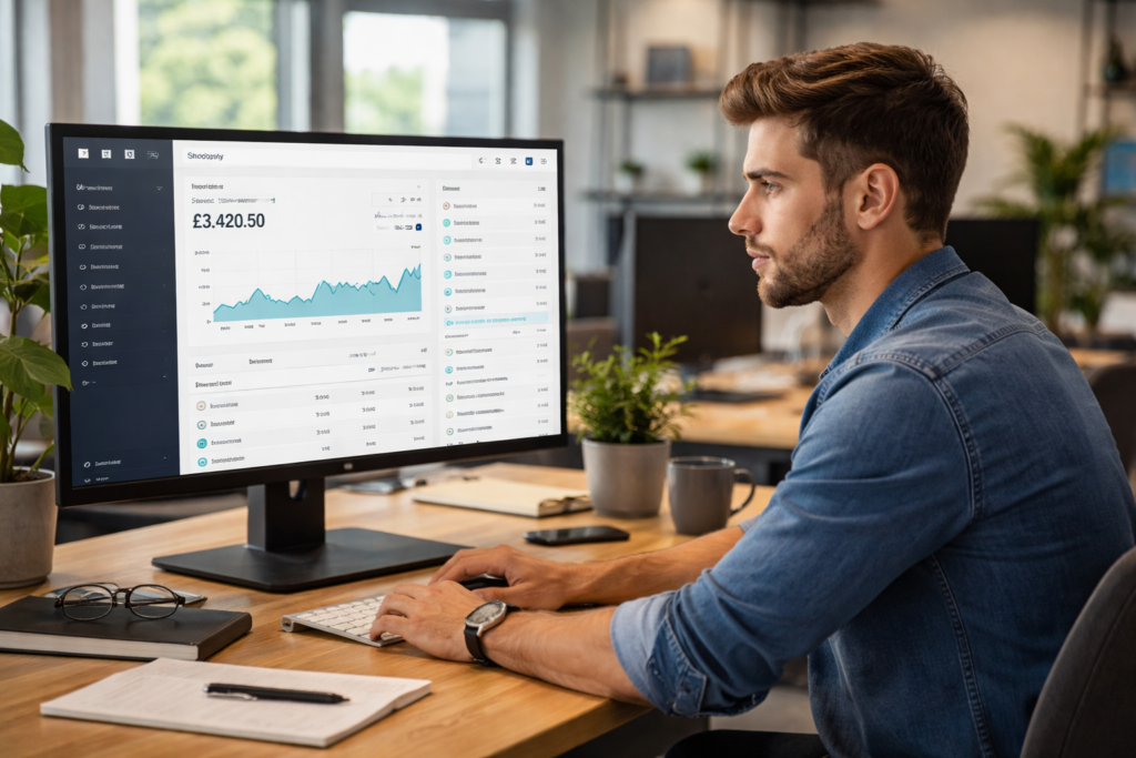 Shopify developer using a computer accessing shopify control panel