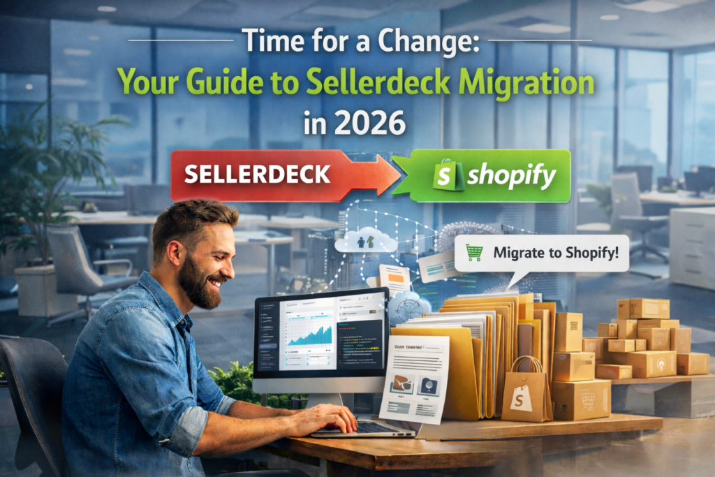 Man in office on computer looking at benefits moving from sellerdeck to shopify