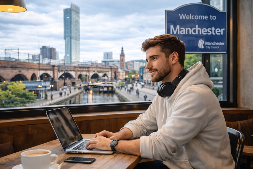 Man in coffee shop in manchester with laptop
