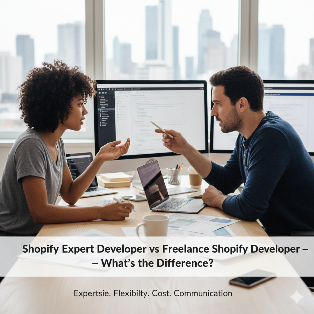 Two web developers discussing shopify web work with shopify on two computer monitors