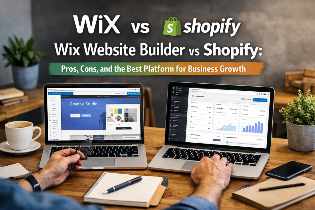 Two laptops one with wix and other with shopify on screen in an office