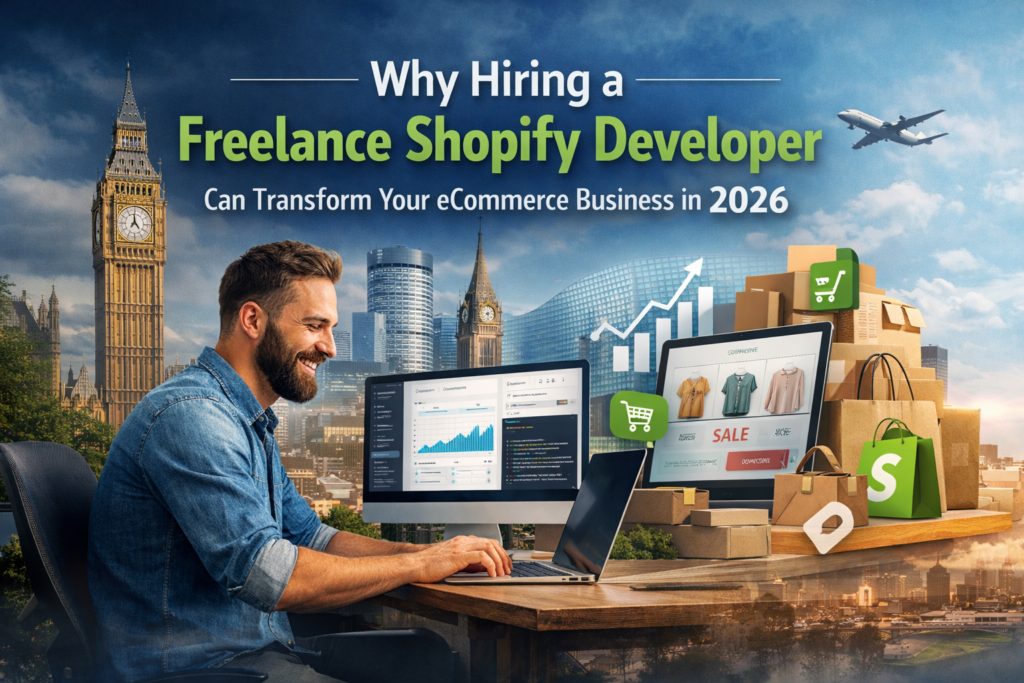 Freelance shopify web developer sitting at desk on laptop working on shopify website