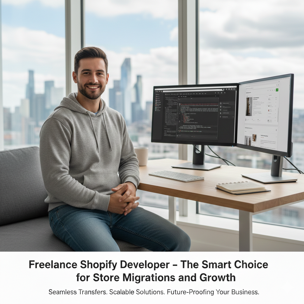 Web developer sitting by computer with shopify on screen