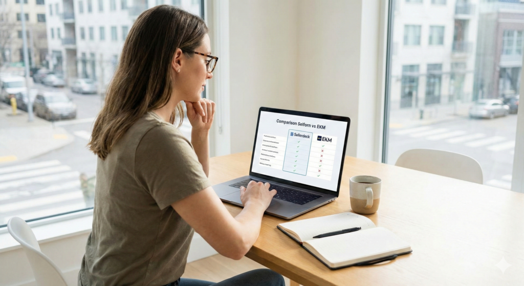 Sellerdeck migration to EKM woman at computer looking at migration options and benefits on computer