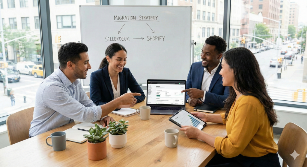 Sellerdeck Migration - business team men and woman around table talking about sellerdeck migration