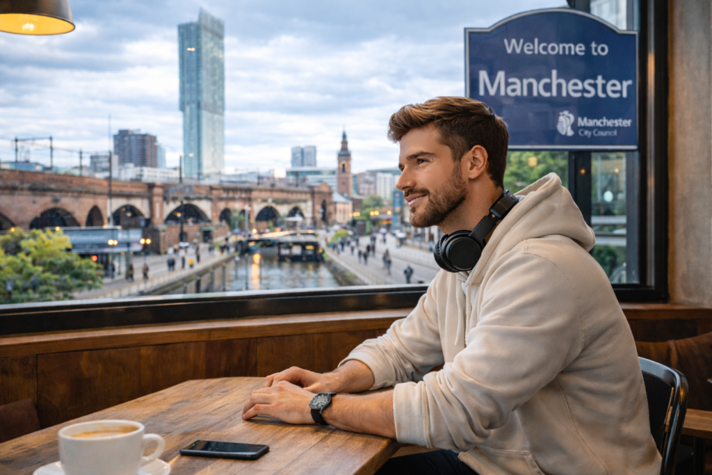 Shopify developer weating headphone and hoody in manchester coffee shop