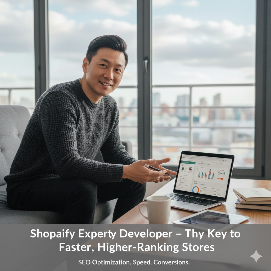 Shopify expert developer sitting next to laptop with shopify code on it