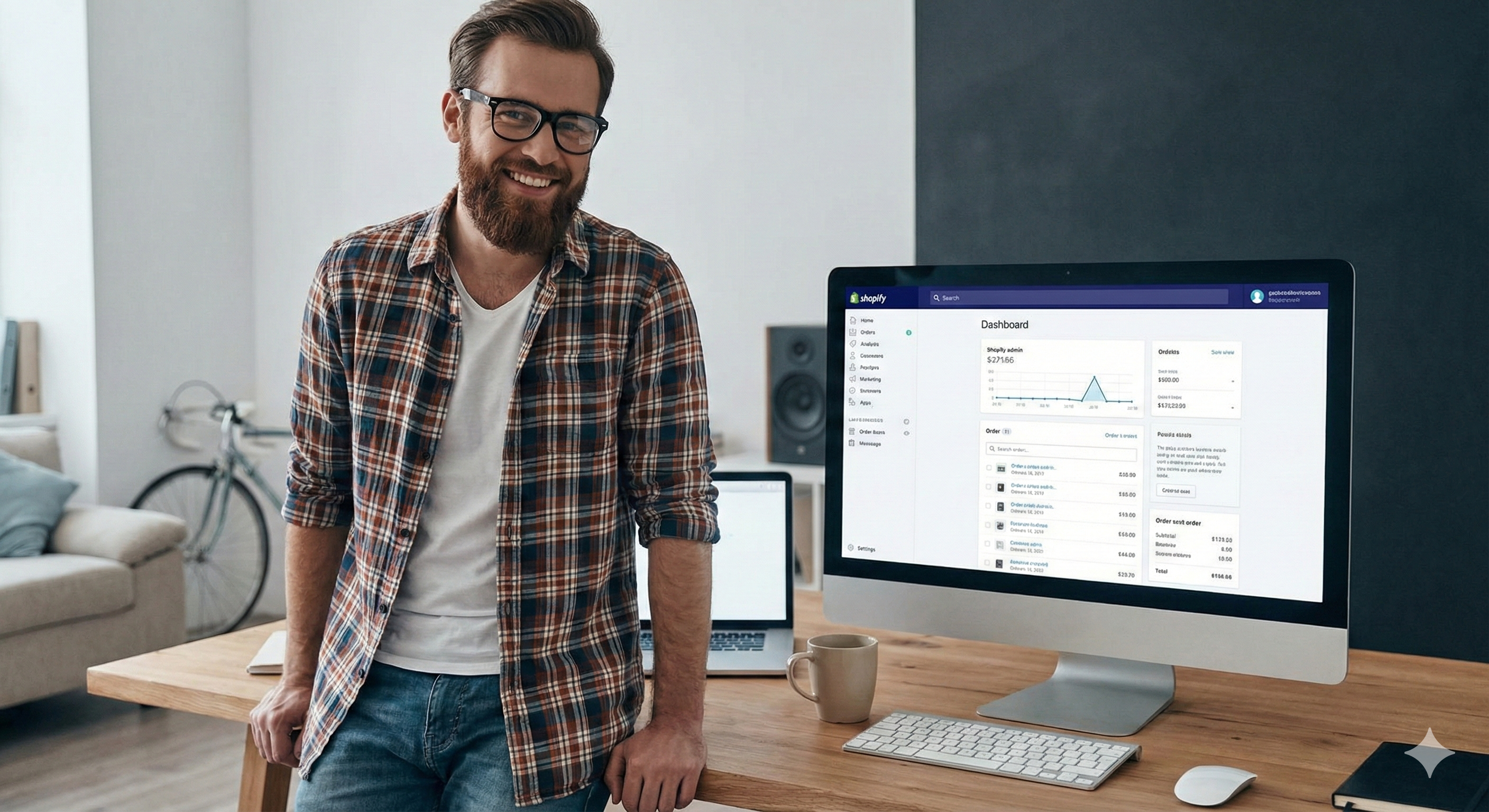 Shopify expert developer standing by a computer screen with shopify control panel on it