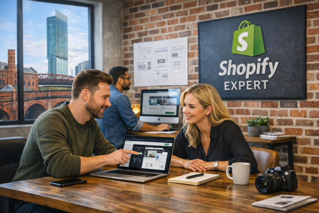 Shopify experts manchester team in office discussing shopify work